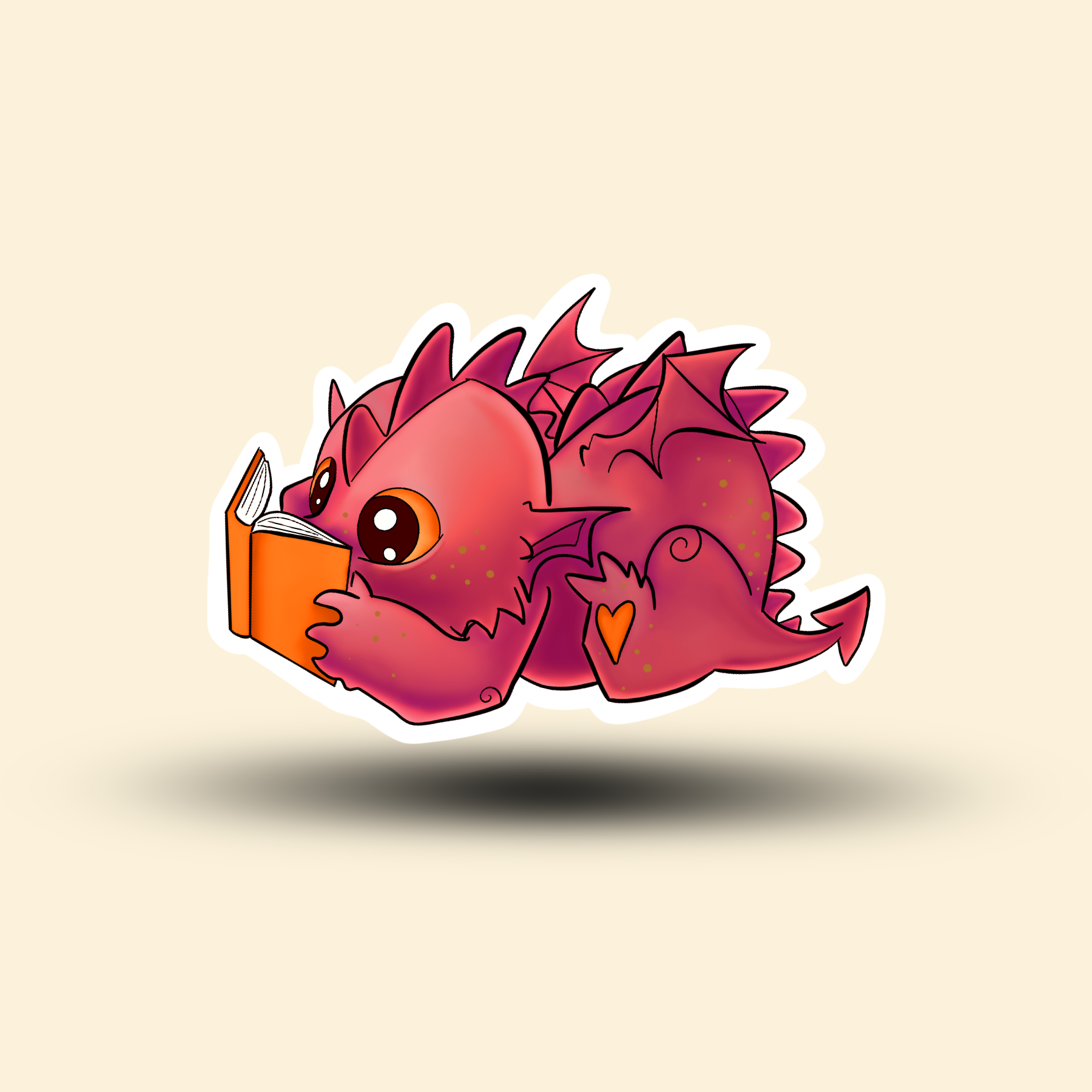 Cute red baby dragon sticker reading a book