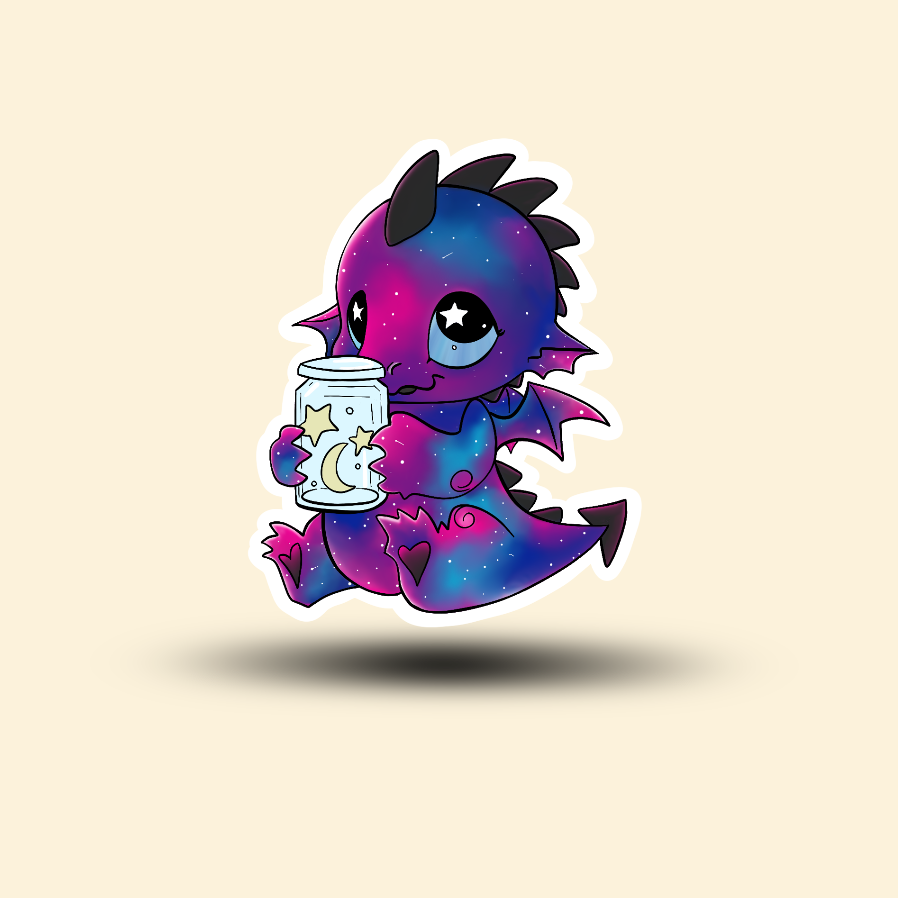 Mythic Dragon Sticker - Cute blue and purple baby dragon holding a jar with a crescent moon and stars.