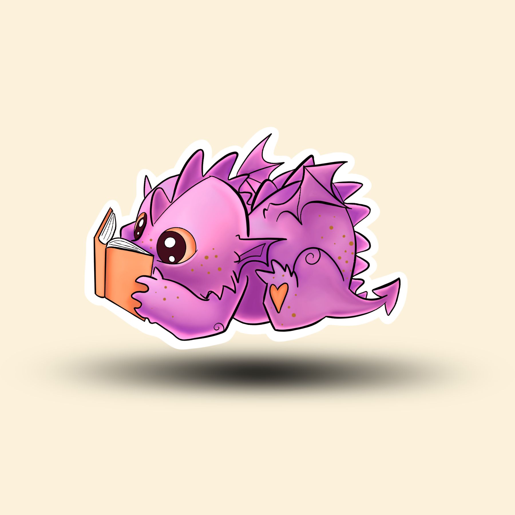 Cute pink baby dragon sticker reading a book