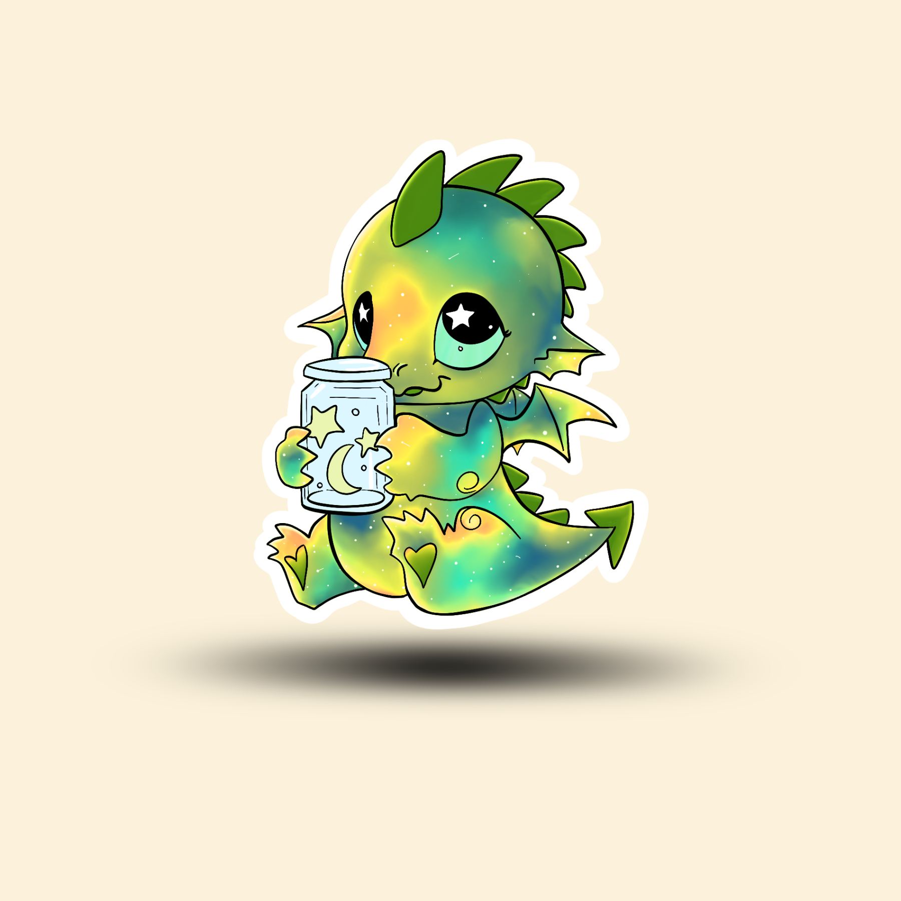 Mythic Dragon Sticker - Cute green and yellow baby dragon holding a jar with a crescent moon and stars. 