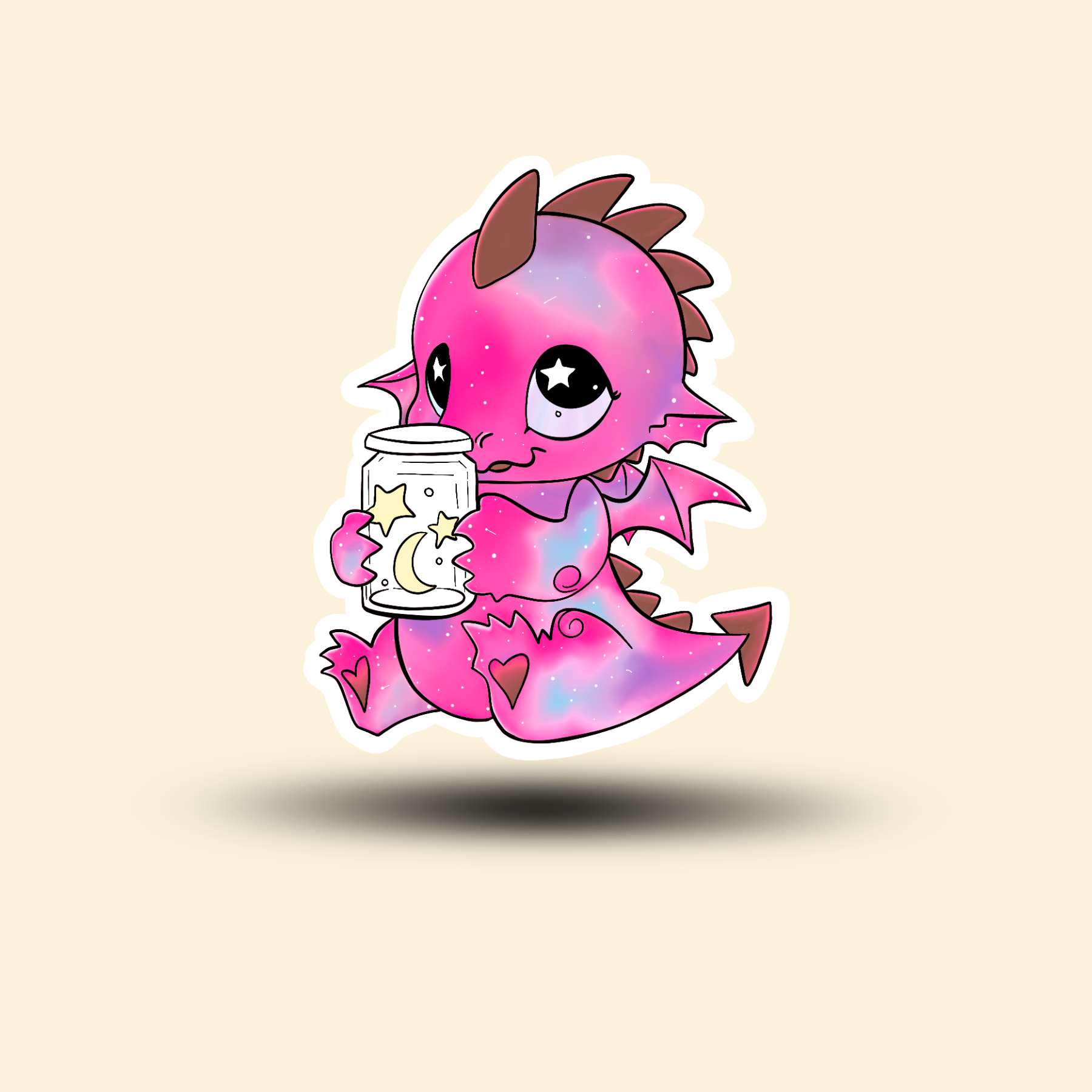 Mythic Dragon Sticker - Cute purple and pink baby dragon holding a jar with a crescent moon and stars.