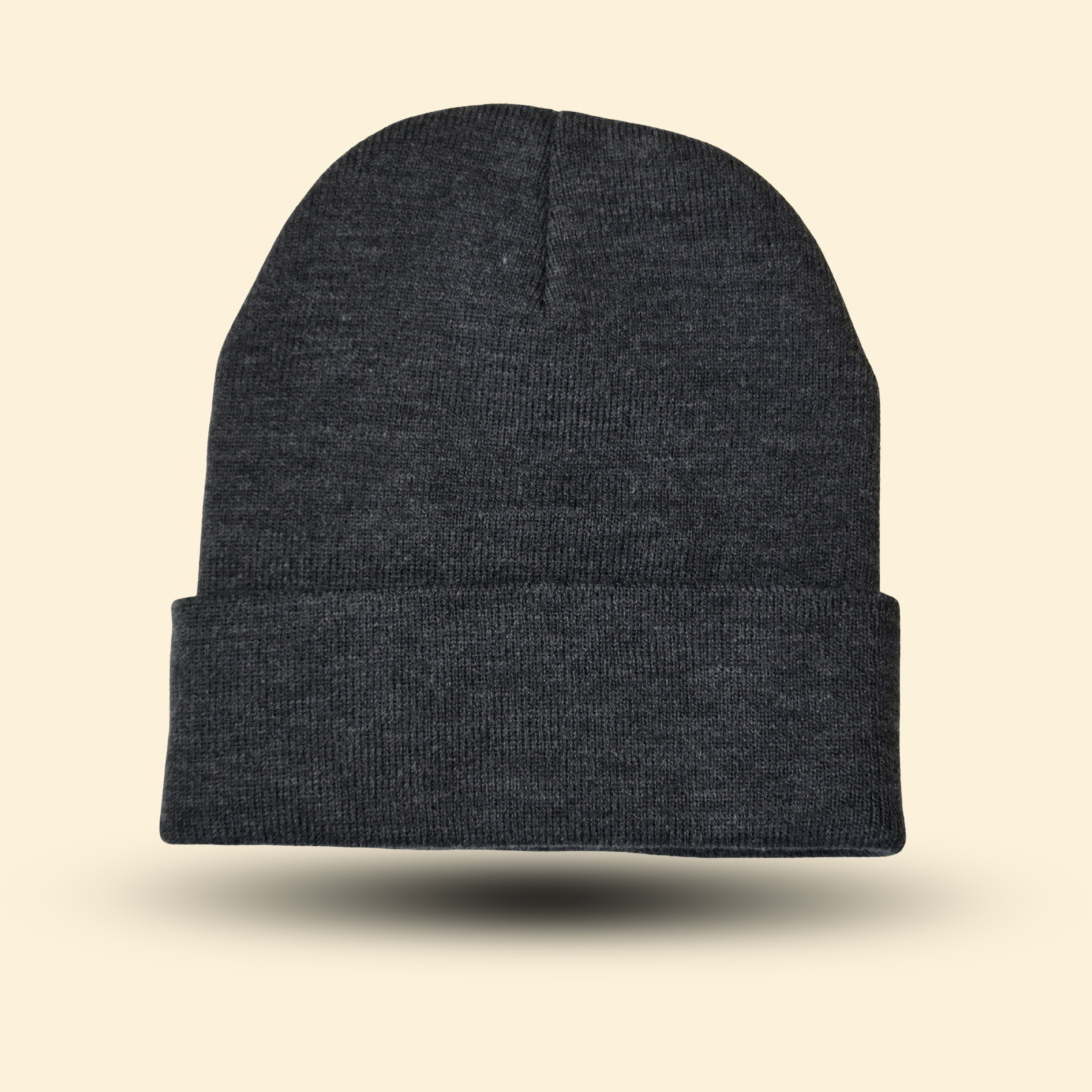 Mythic Manuscripts Logo Toque back view. Dark gray knit cap with green embroidered logo.