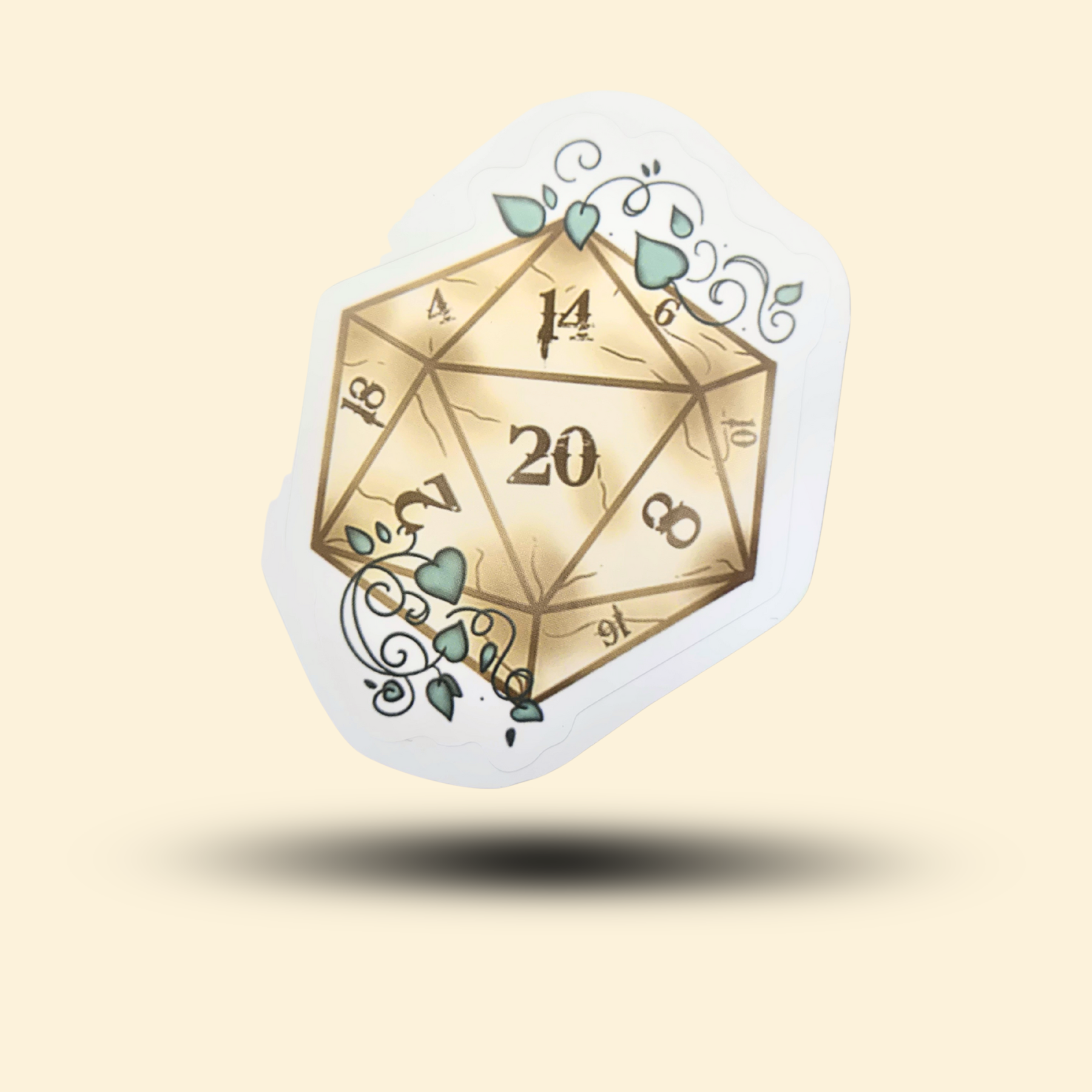 Custom D20 Sticker. Watercolor tan dice with green vines for D&D fans.