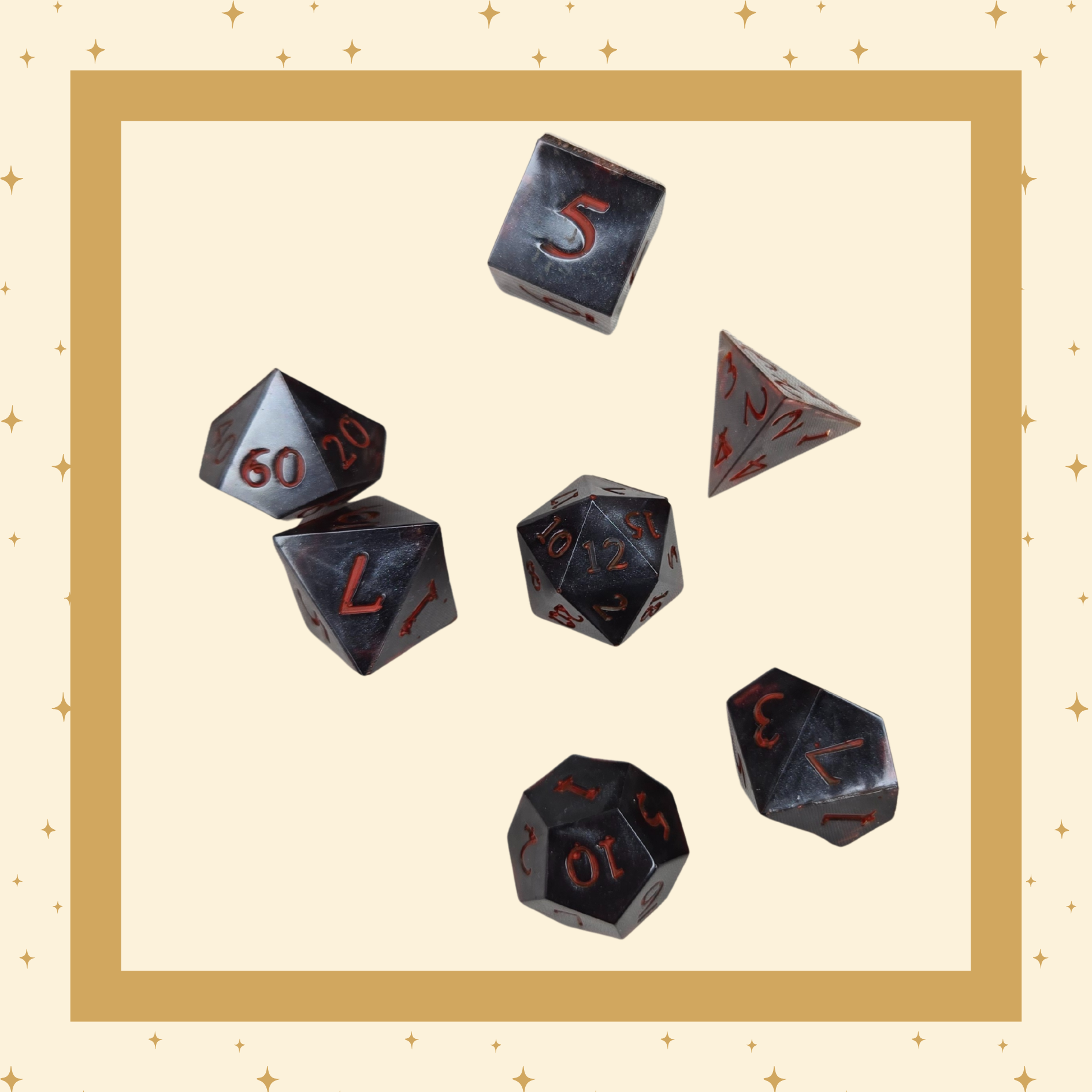 A set of seven polyhedral dice used in Dungeons & Dragons, made of resin with red numbering.