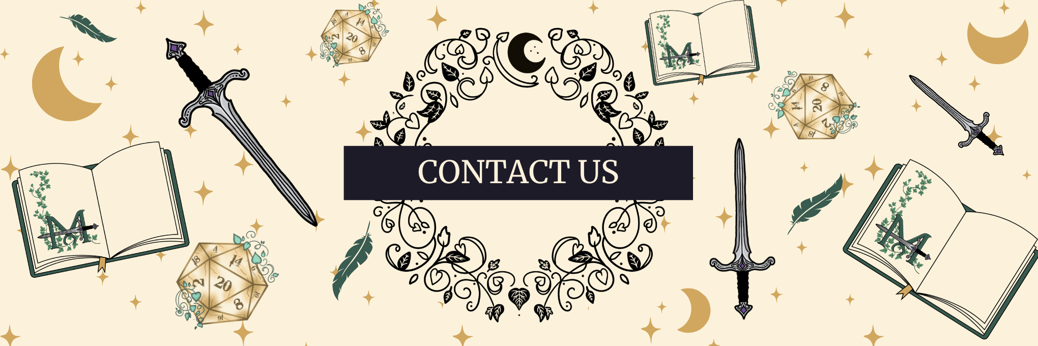 Contact Us page banner for Mythic Manuscripts featuring swords, open books, D20 dice, and a floral wreath logo.