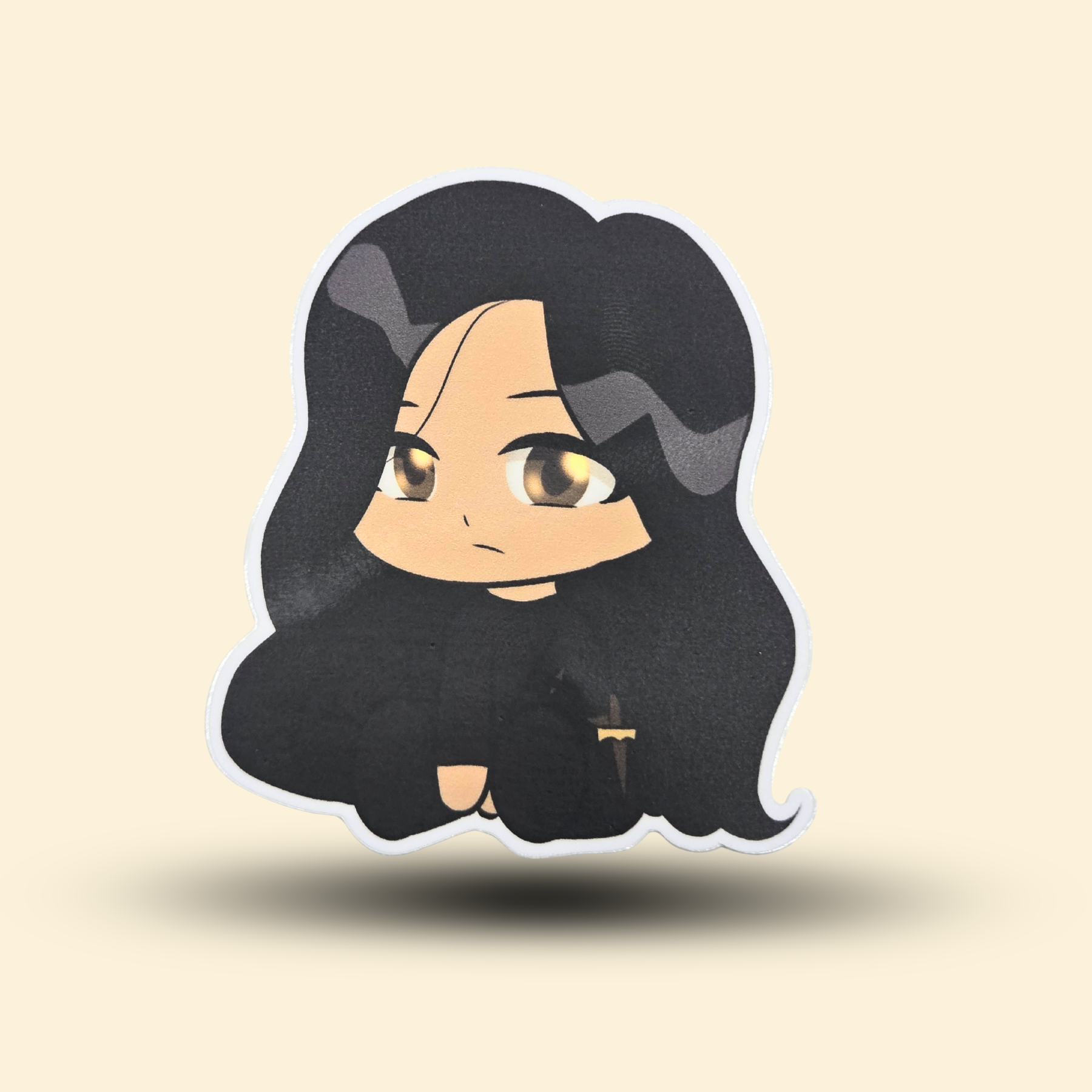 "Touch of Death" character sticker - Chibi style girl with dark hair and a dagger.
